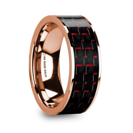 KRISTOS Men’s 14k Rose Gold Flat Wedding Band with Black & Red Carbon Fiber - 8mm