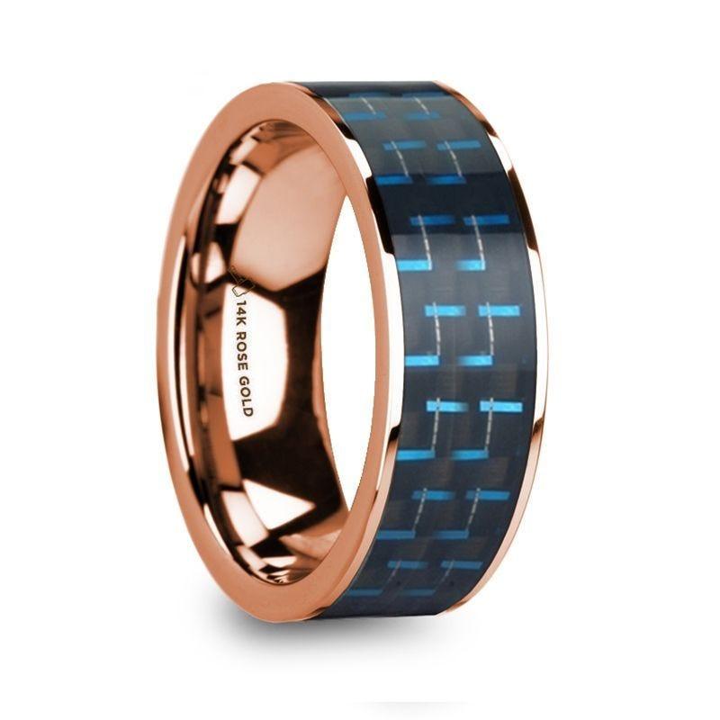 LUCIAN Polished 14k Rose Gold & Black/Blue Carbon Fiber Inlaid Flat Wedding Ring - 8mm