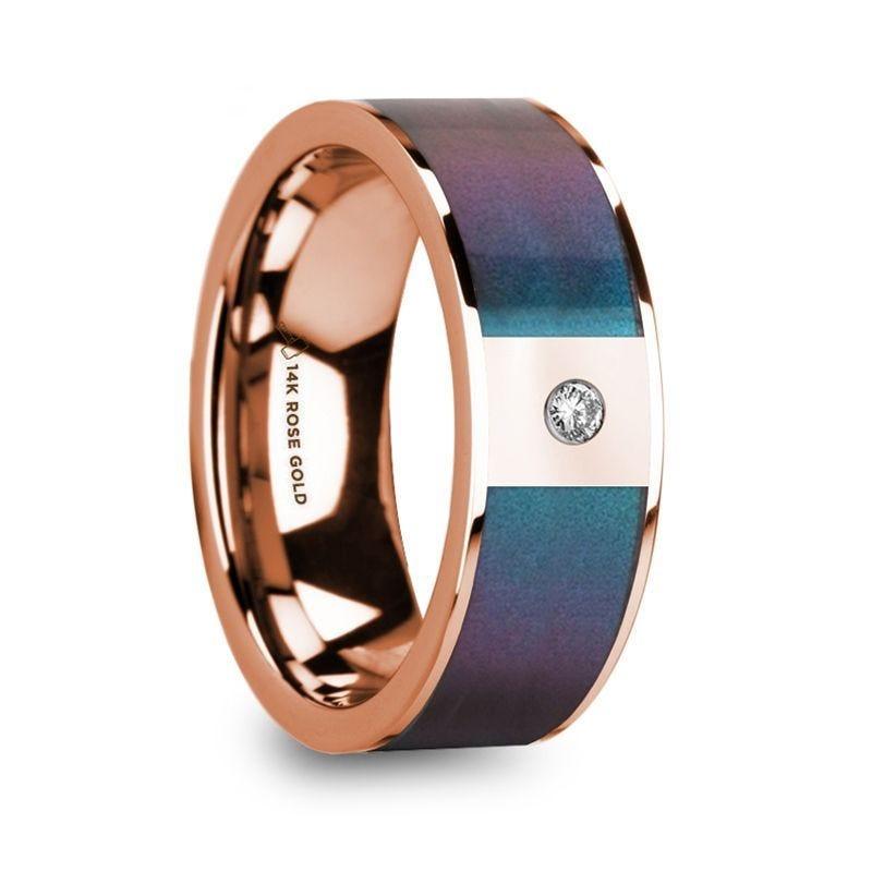 LUKAS 14K Polished Rose Gold Wedding Ring with Blue & Purple Color Changing Inlay & Diamond - 8mm