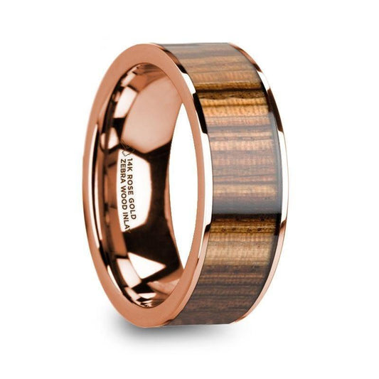 MAHAIL Men’s Polished 14k Rose Gold & Zebra Wood Inlay Flat Wedding Ring - 8mm