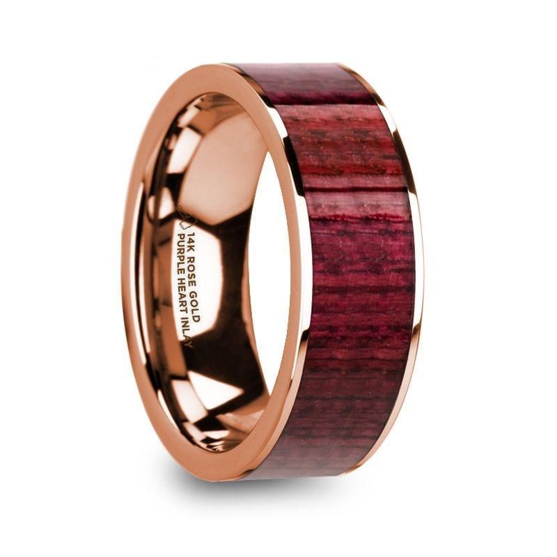 PAVLOS Purpleheart Inlaid 14k Rose Gold Men’s Wedding Band with Polished Finish - 8mm