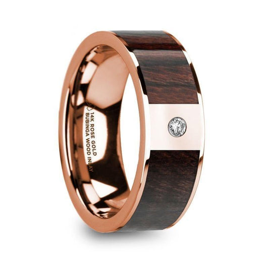 SILVANOS Polished 14k Rose Gold Men’s Wedding Band with Bubinga Wood Inlay & Diamond - 8mm