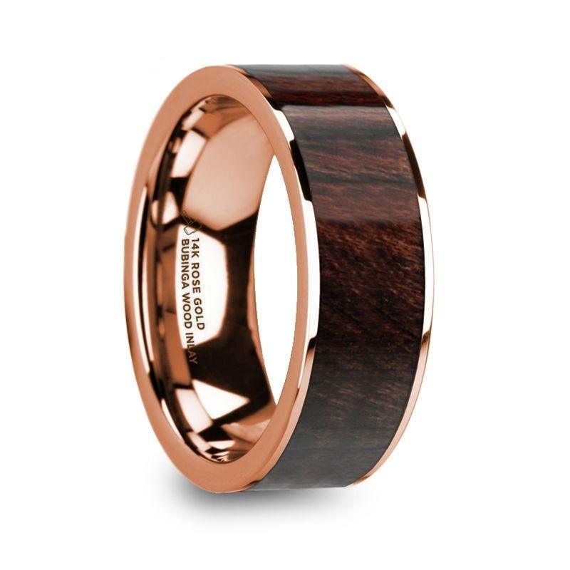 SOTERIOS 14K Rose Gold Men’s Flat Wedding Ring with Bubinga Wood Inlay - 8mm