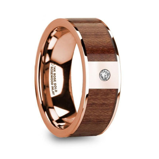 THANASIS Polished 14k Rose Gold Men’s Wedding Ring with Rosewood Inlay & Diamond Center - 8mm