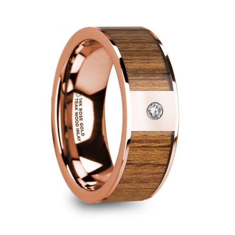 VASILIS Men’s Polished 14k Rose Gold & Teak Wood Inlaid Wedding Band with Diamond - 8mm