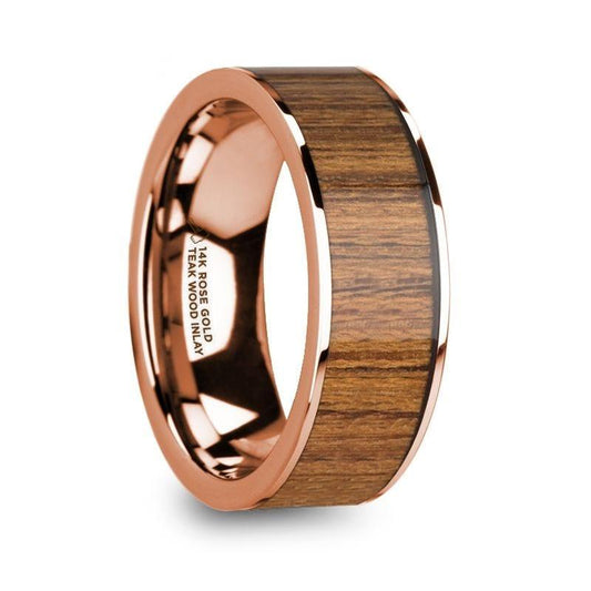 VERNADOS Polished 14k Rose Gold Men’s Wedding Band with Teak Wood Inlay - 8mm