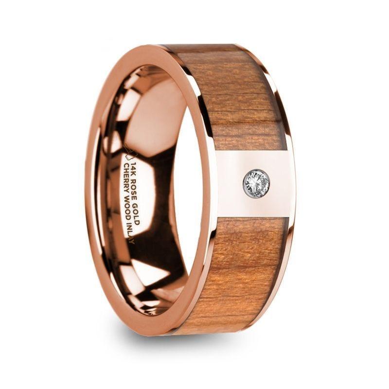 ZENON Men’s Polished 14k Rose Gold Wedding Band with Cherry Wood Inlay & Diamond Center - 8mm