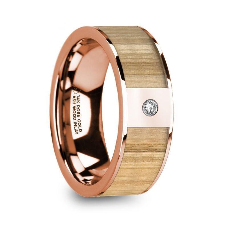 ZACHAIOS Men’s Polished Rose Gold Flat Wedding Band with Ash Wood Inlay & Diamond - 8mm