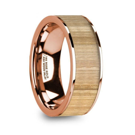 NICOMEDES Polished 14K Rose Gold Men’s Wedding Ring with Ash Wood Inlay - 8mm