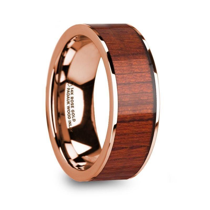 NIKANOR Polished Finish 14k Rose Gold Men’s Wedding Band with Padauk Wood Inlay - 8mm