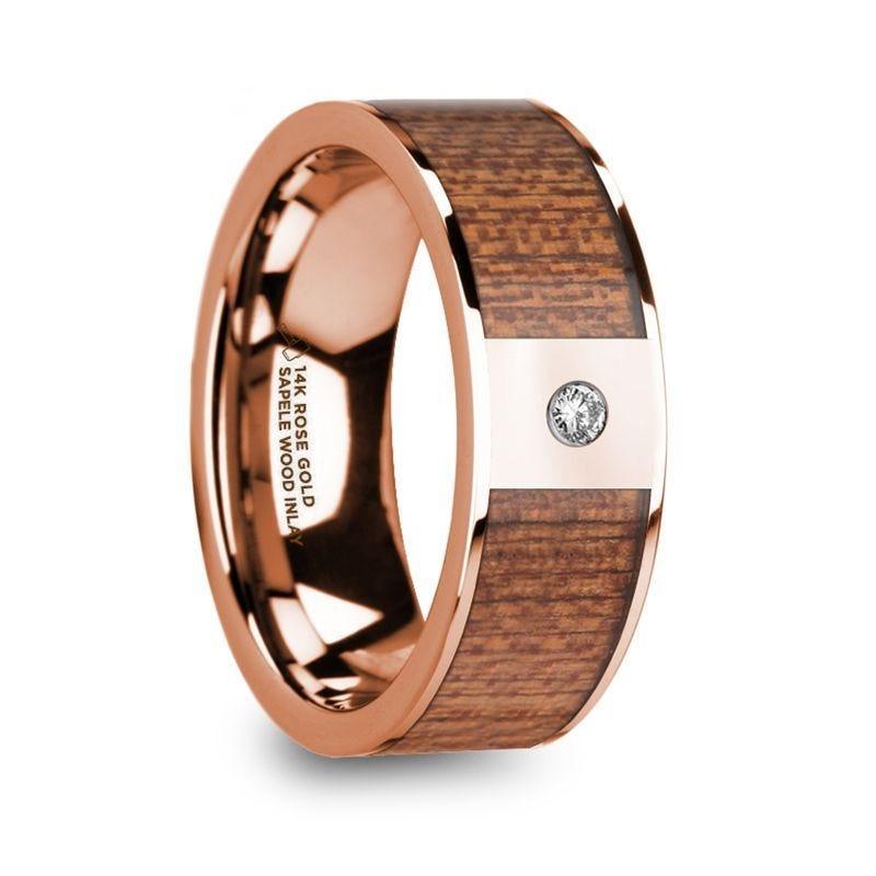 NIKEPHOROS Sapele Wood Inlaid Polished 14k Rose Gold Men’s Wedding Ring with Diamond Center - 8mm