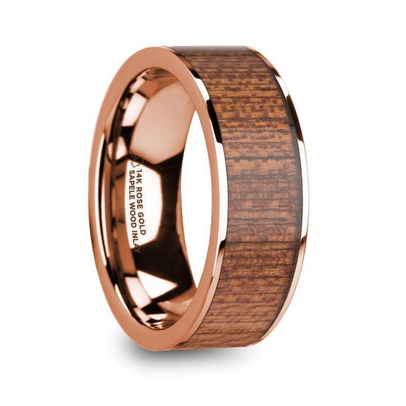 NIKETAS Men’s 14k Rose Gold Wedding Band with Sapele Wood Inlay & Polished Finish - 8mm