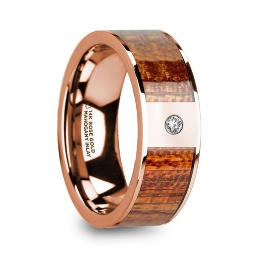 NIKIAS Men’s Polished 14k Rose Gold Wedding Band with Mahogany Wood Inlay & Diamond - 8mm