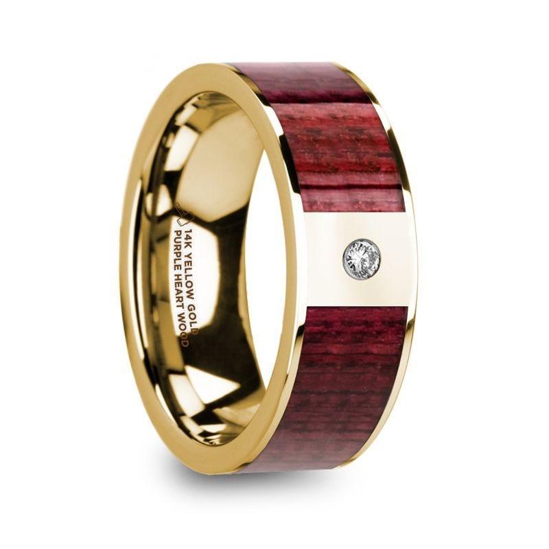 PHILE Purpleheart Inlaid 14k Yellow Gold Men’s Wedding Band with Diamond & Polished Finish - 8mm