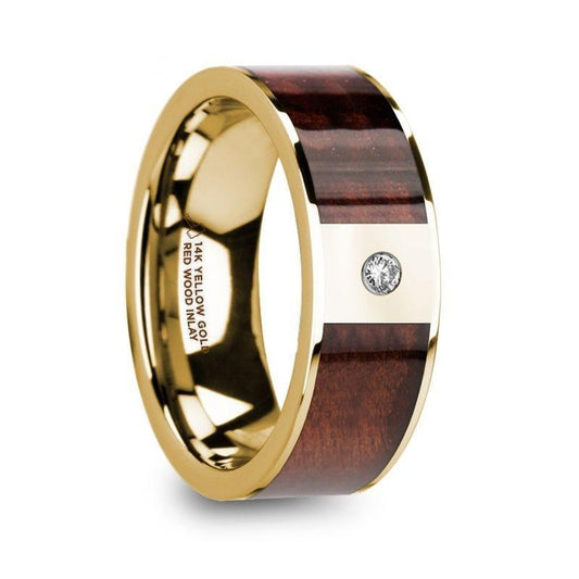 PHOCAS 14k Yellow Gold Men’s Polished Wedding Band with Red Wood Inlay & Diamond - 8mm