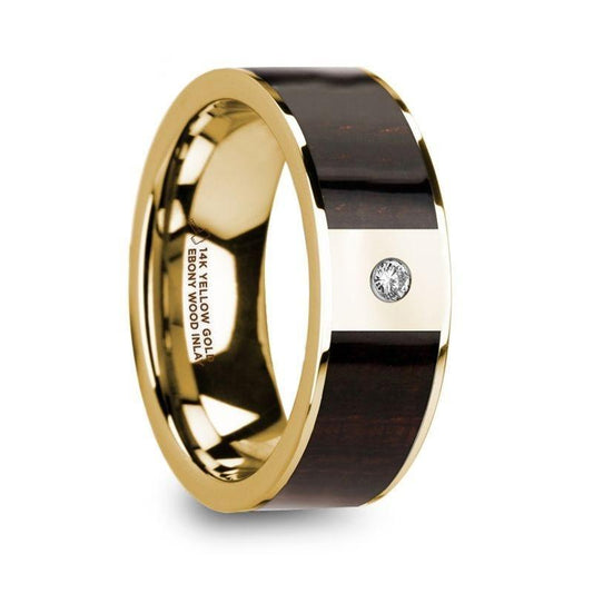 SERGIOS Men’s 14k Yellow Gold with Ebony Wood Inlay Flat Wedding Ring with Diamond Center - 8mm