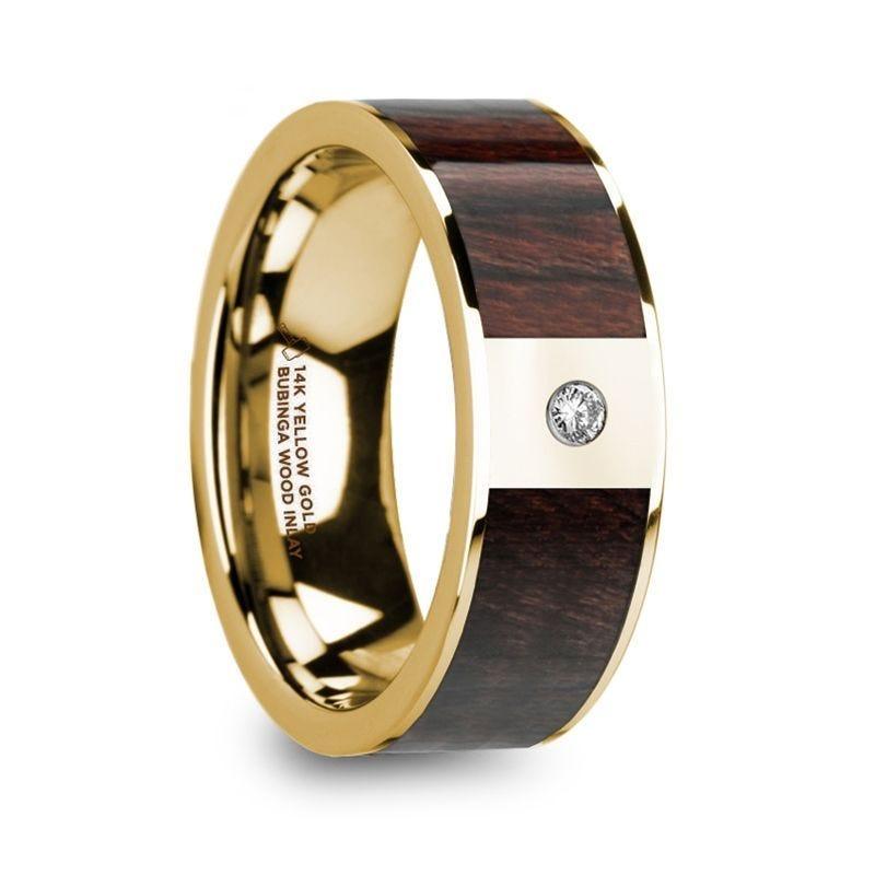 TARAS Bubinga Wood Inlaid 14k Yellow Gold Men’s Ring with Diamond Center & Polished Finish - 8mm