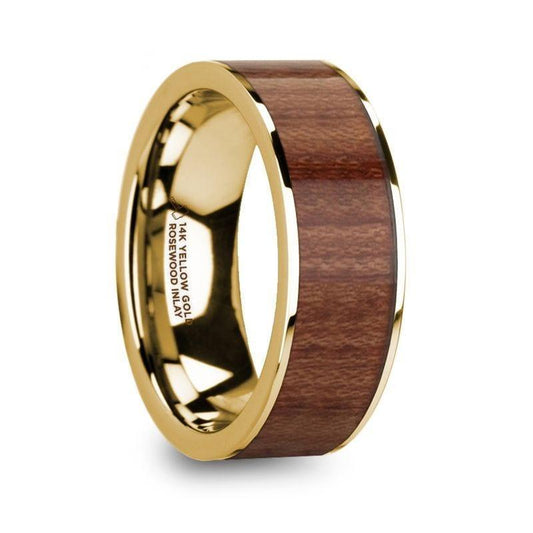 TELAMON Polished 14k Yellow Gold Men’s Flat Wedding Ring with Rosewood Inlay - 8mm