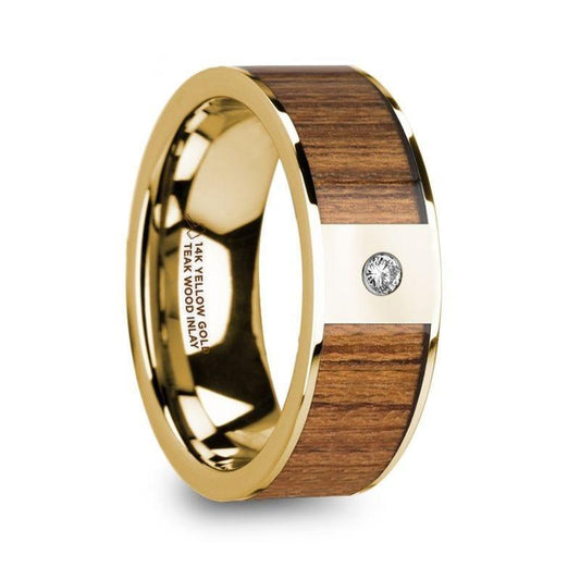 THEODOROS Polished 14k Yellow Gold Men’s Wedding Band with Teak Wood Inlay & Diamond - 8mm