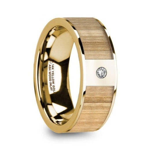 METIS Men’s Polished 14k Yellow Gold Wedding Band with Ash Wood Inlay & Diamond - 8mm