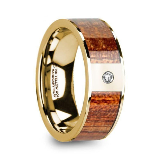 XANTHOS Men’s Mahogany Wood Inlaid Polished 14k Yellow Gold Wedding Band with Diamond - 8mm