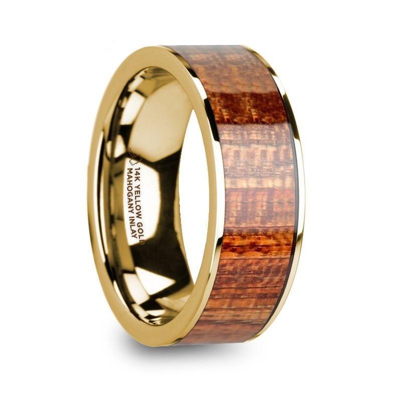 YANNI Polished 14k Yellow Gold Men’s Flat Wedding Band with Mahogany Wood Inlay - 8mm