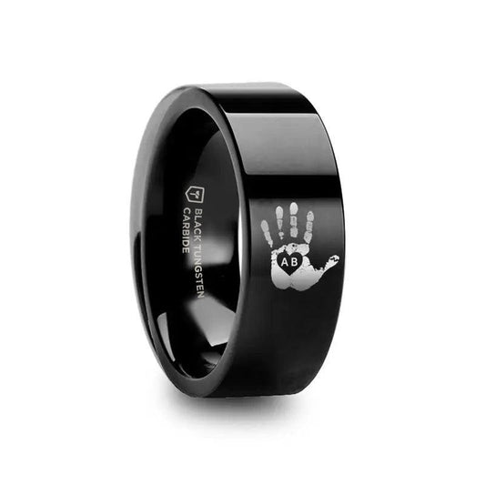 Handprint Initials Engraved Flat Pipe Cut Black Tungsten Ring Polished - 4mm - 12mm