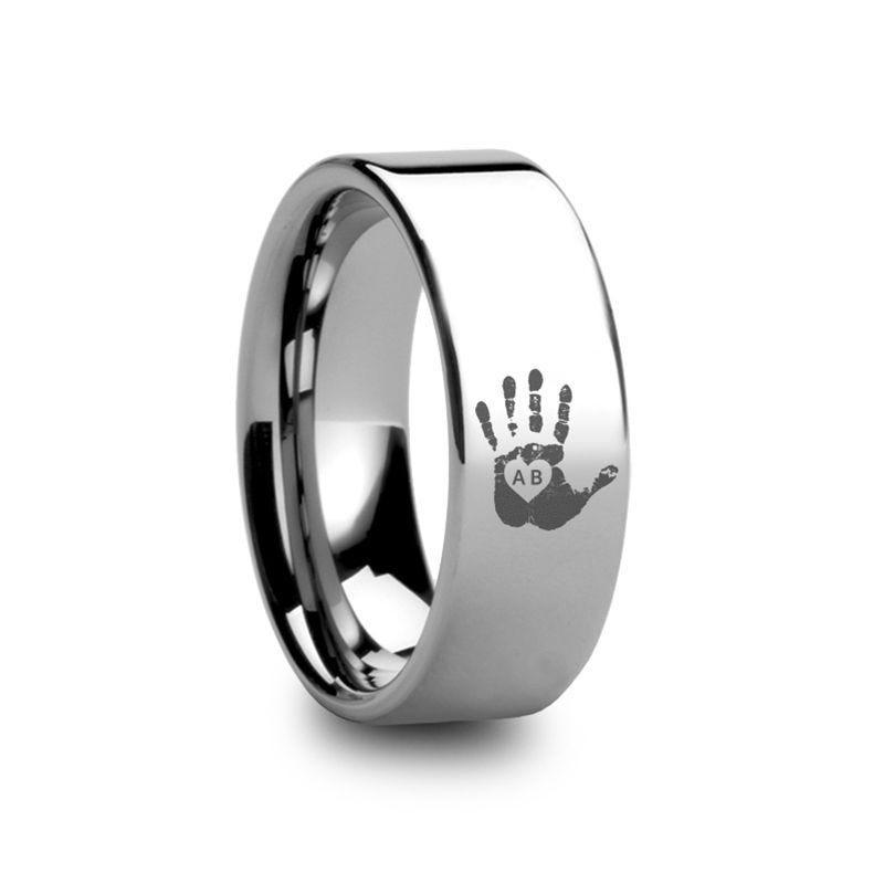 Handprint Initials Engraved Flat Pipe Cut Tungsten Ring Polished - 4mm - 12mm