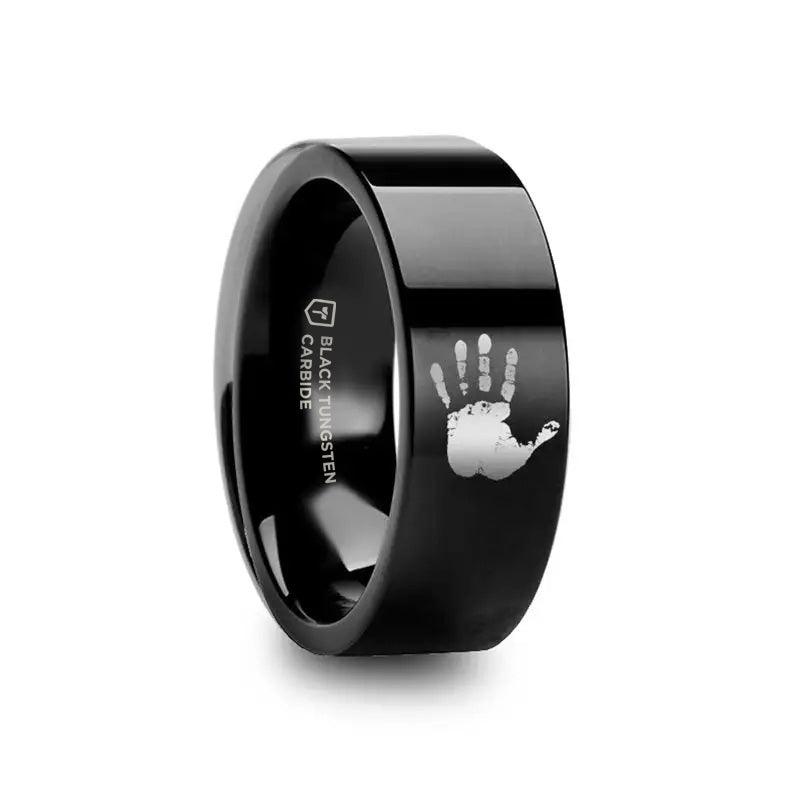 Handprint Engraved Flat Pipe Cut Black Tungsten Ring Polished - 4mm - 12mm