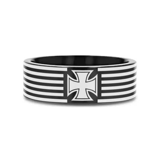 IRON CROSS on Black Flat Tungsten Carbide Ring