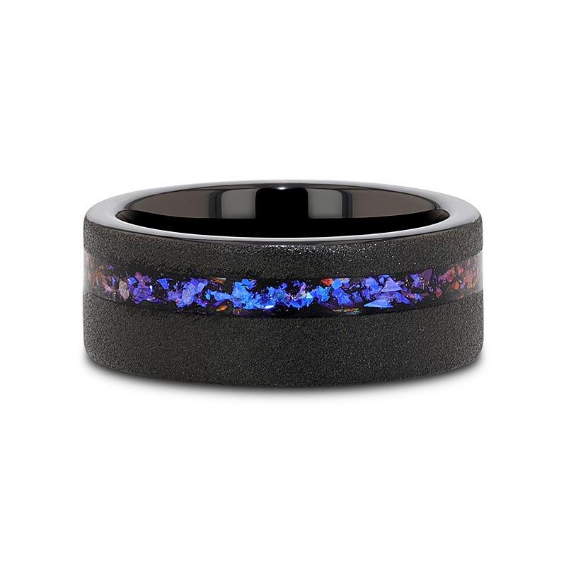 MIRAGE Sandblasted Black Tungsten Ring with Crushed Alexandrite and Dark Blue & Purple Crushed Goldstone - 8mm