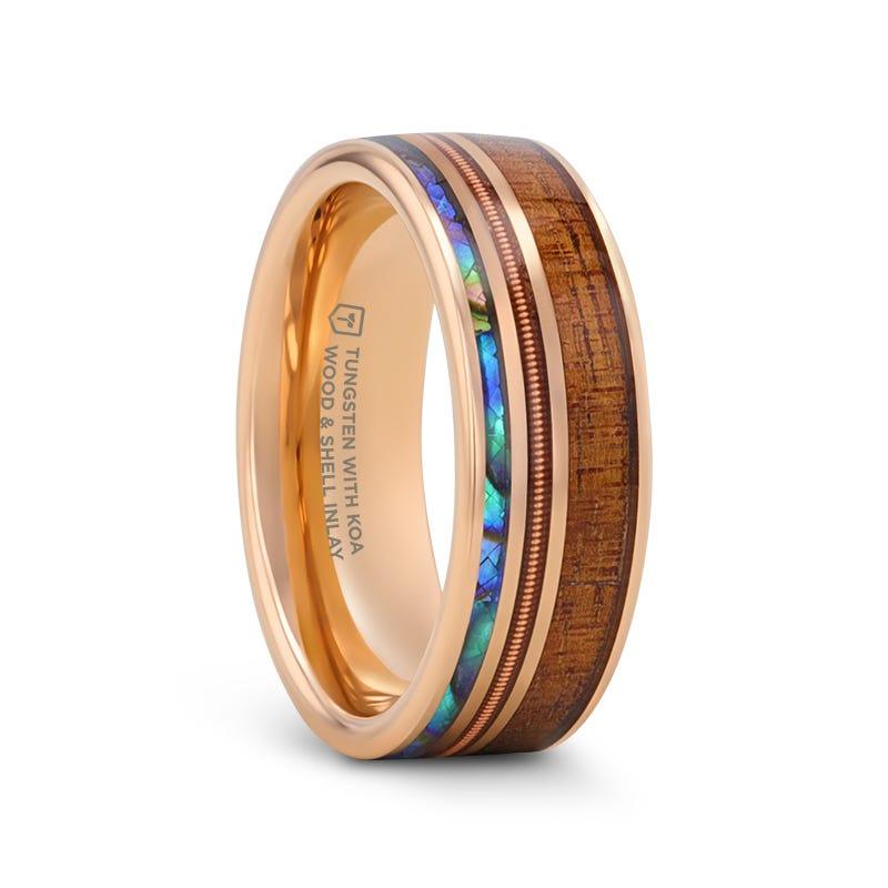 MOANA Smoked Rose Gold Tungsten Ring with Hawaiian Koa Wood Abalone & Guitar String - 8mm