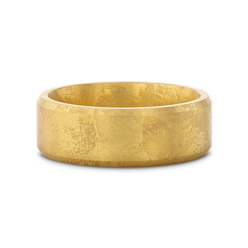 MUSE Flat Gold Plated Titanium Ring with Beveled Edges and Meteorite Pattern - 8mm