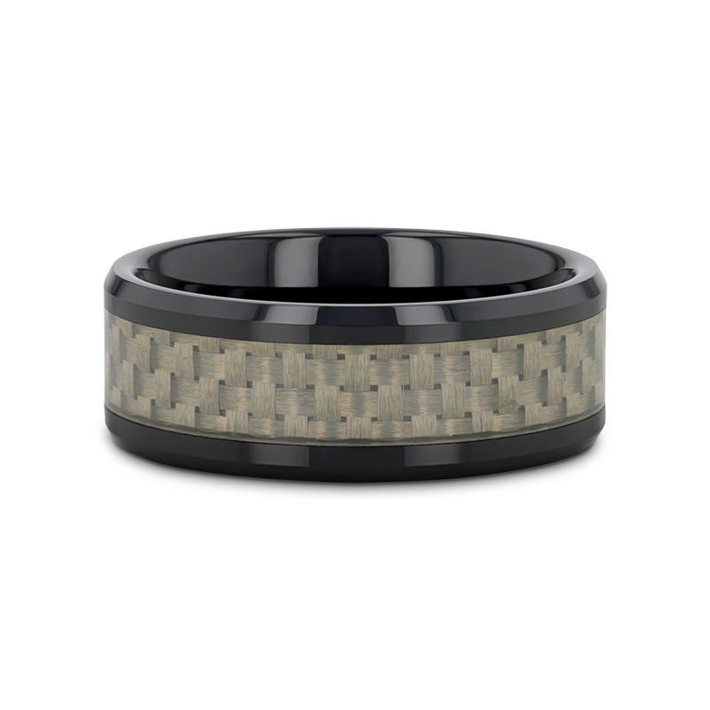 MYSTIQUE Beveled White Carbon Fiber Inlaid Ceramic Ring - 8mm