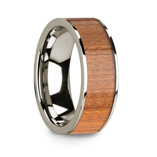 Men’s 14k White Gold Wedding Band with Sapele Wood Inlay & Polished Finish - 8mm