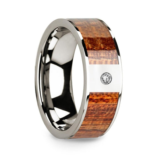 Men’s Polished 14k White Gold Wedding Band with Mahogany Wood Inlay & Diamond - 8mm