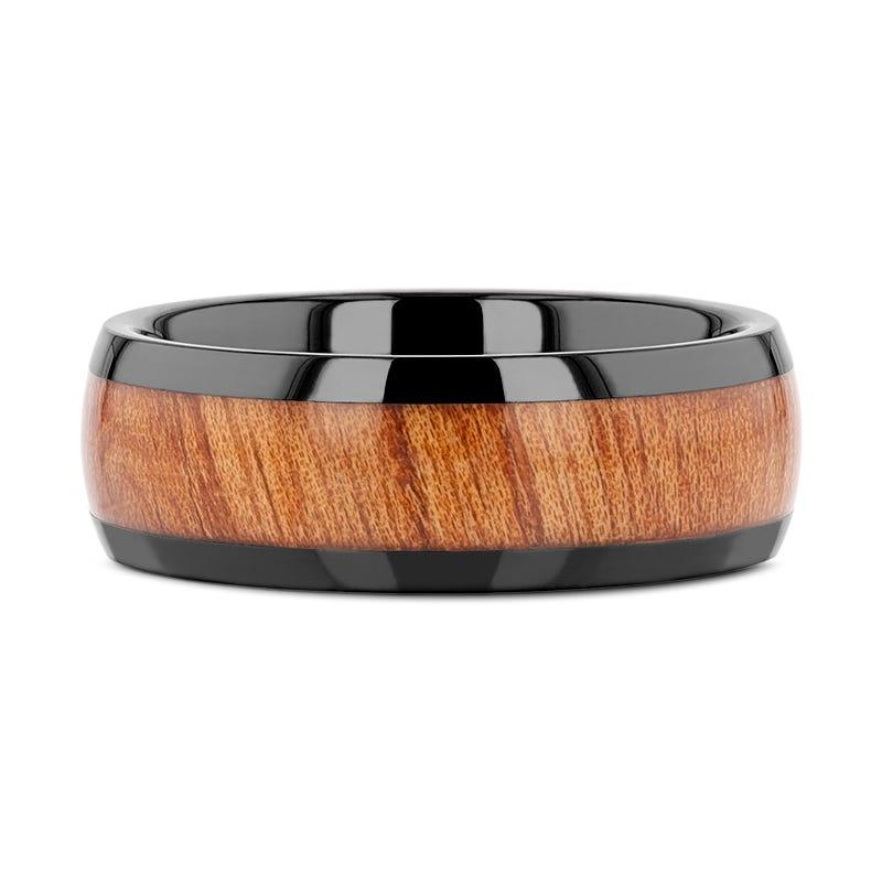 ODYSSEY Black Ceramic Wedding Band with Domed Polished Finish and Carpathian Elm Wood Inlay - 8mm