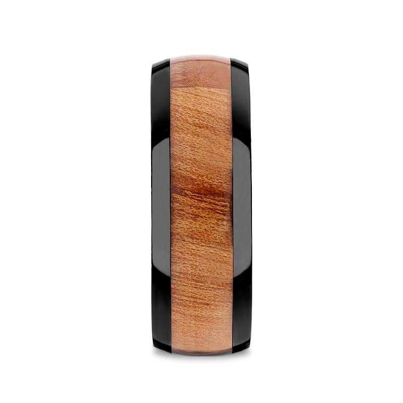 ODYSSEY Black Ceramic Wedding Band with Domed Polished Finish and Carpathian Elm Wood Inlay - 8mm