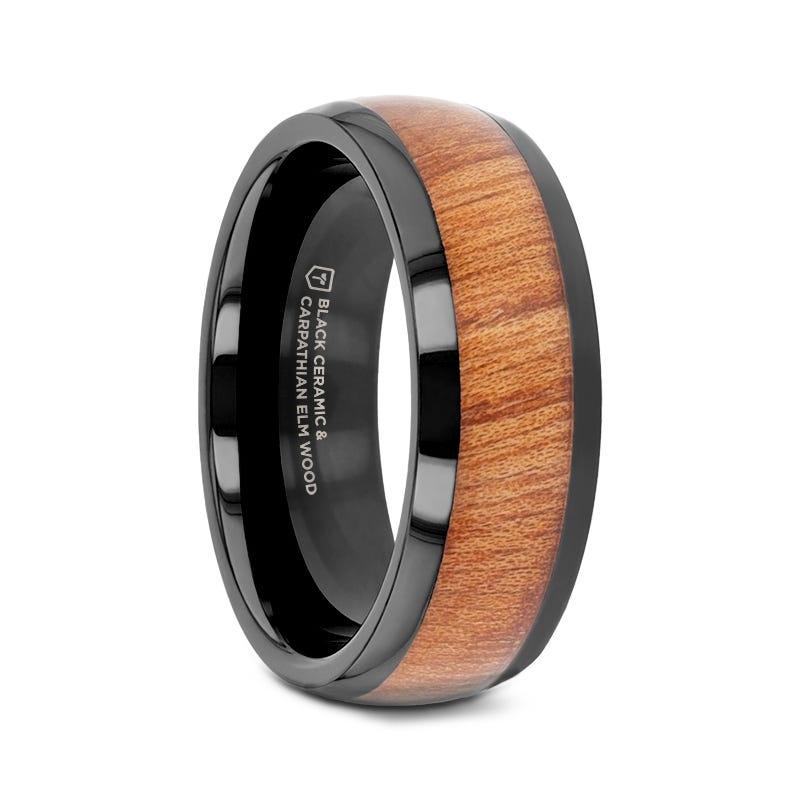 ODYSSEY Black Ceramic Wedding Band with Domed Polished Finish and Carpathian Elm Wood Inlay - 8mm