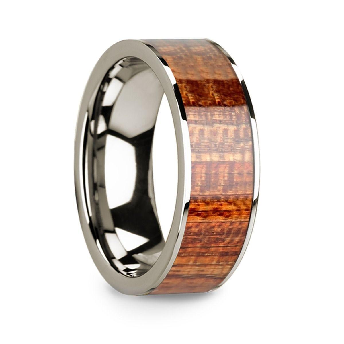 14k White Gold & Mahogany Wood Inlaid Men’s Wedding Band with Polished Finish - 8mm