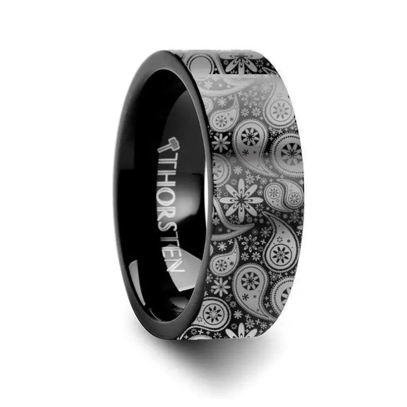 Paisley Pattern Black Tungsten Engraved Ring - 4mm - 12mm