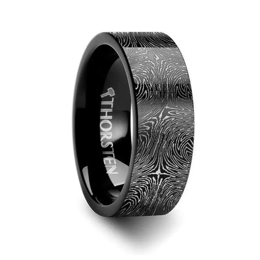 Damascus Steel Pattern Engraving Black Tungsten Engraved Ring - 4mm - 12mm