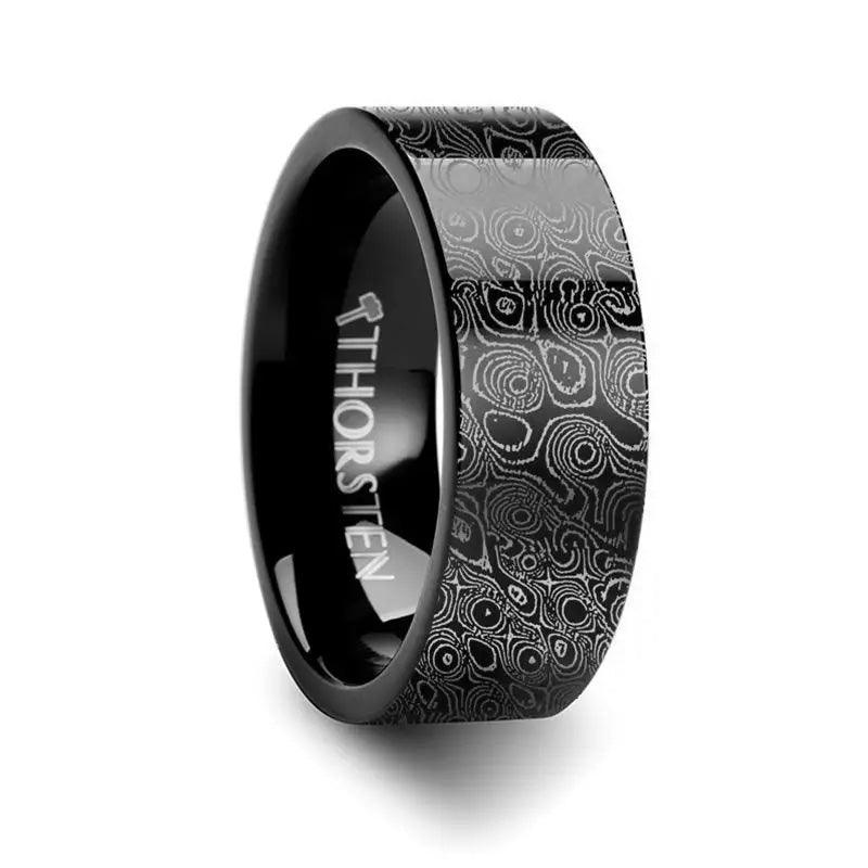 Circular Damascus Steel Engraved Pattern Black Tungsten Engraved Ring - 4mm - 12mm