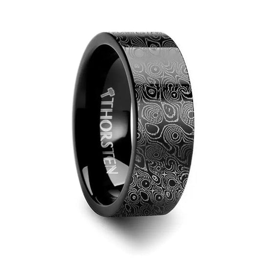 Circular Damascus Steel Engraved Pattern Black Tungsten Engraved Ring - 4mm - 12mm