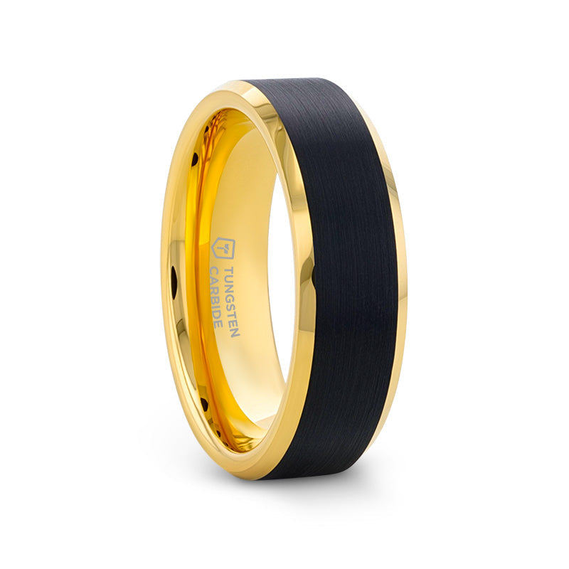 GASTON Gold Plated Tungsten Polished Beveled Ring with Brushed Black Center - 6mm 8mm