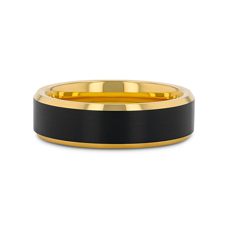 GASTON Gold Plated Tungsten Polished Beveled Ring with Brushed Black Center - 6mm 8mm