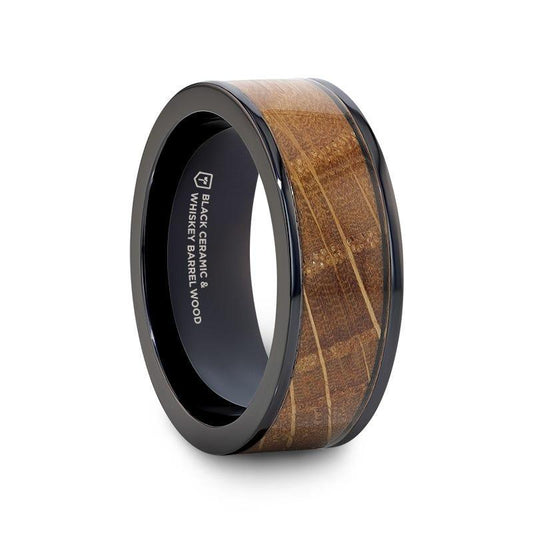 SCOTCH Black Ceramic Ring with Whisky Barrel Wood Inlay- 8mm