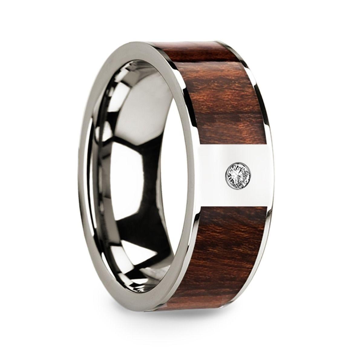 Men’s Diamond Center Polished 14k White Gold Wedding Band with Carpathian Wood Inlay - 8mm