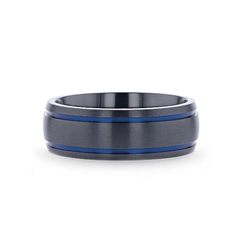 SHERIFF Domed Black Titanium Brushed Finish Men’s Wedding Ring with Blue Grooves – 8mm