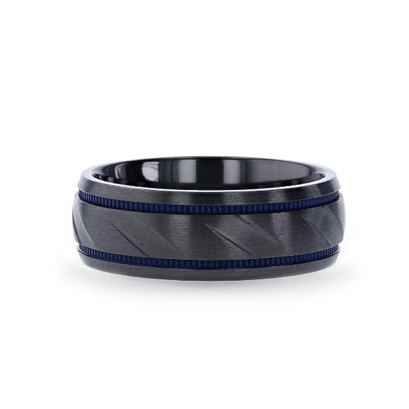 PATROL Black Titanium Carved Diagonal Pattern Brushed Finish Men’s Wedding Ring with Blue Milgrain Grooves – 8mm